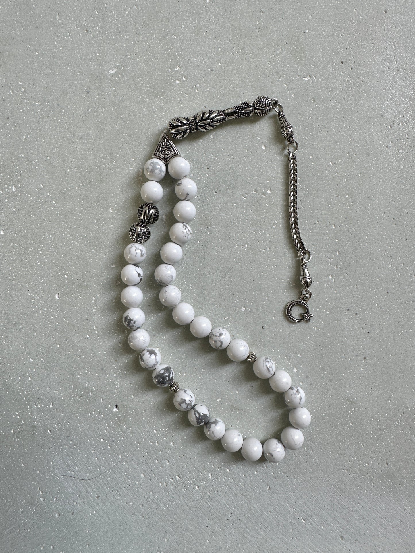 Tesbih mit Namen aus Naturstein - Magnesit - marmor glänzend