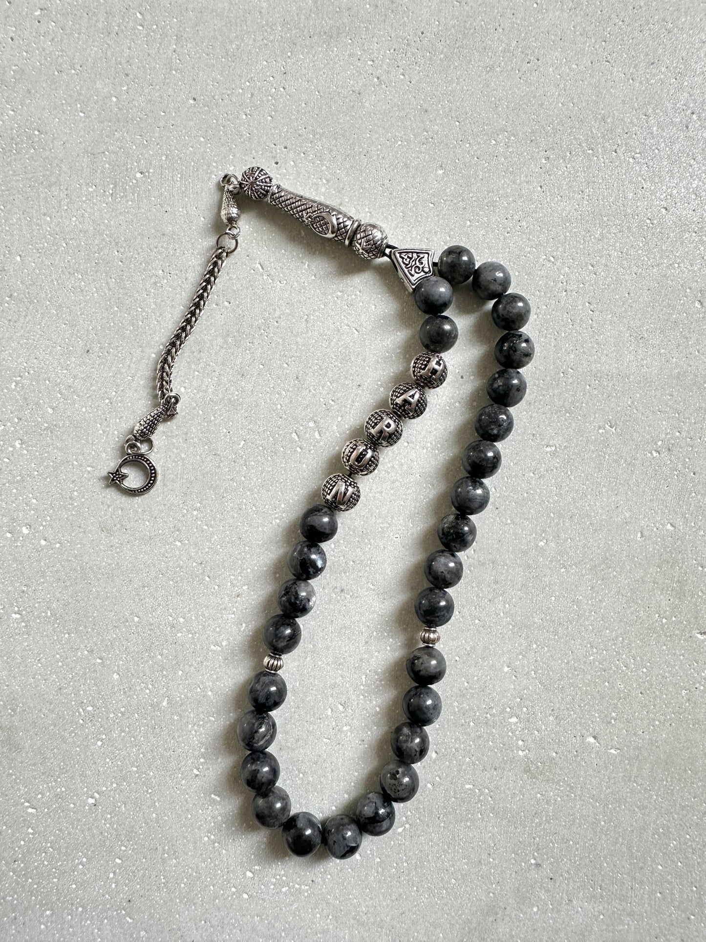 Tesbih mit Namen aus Naturstein - Labradorit - anthrazit